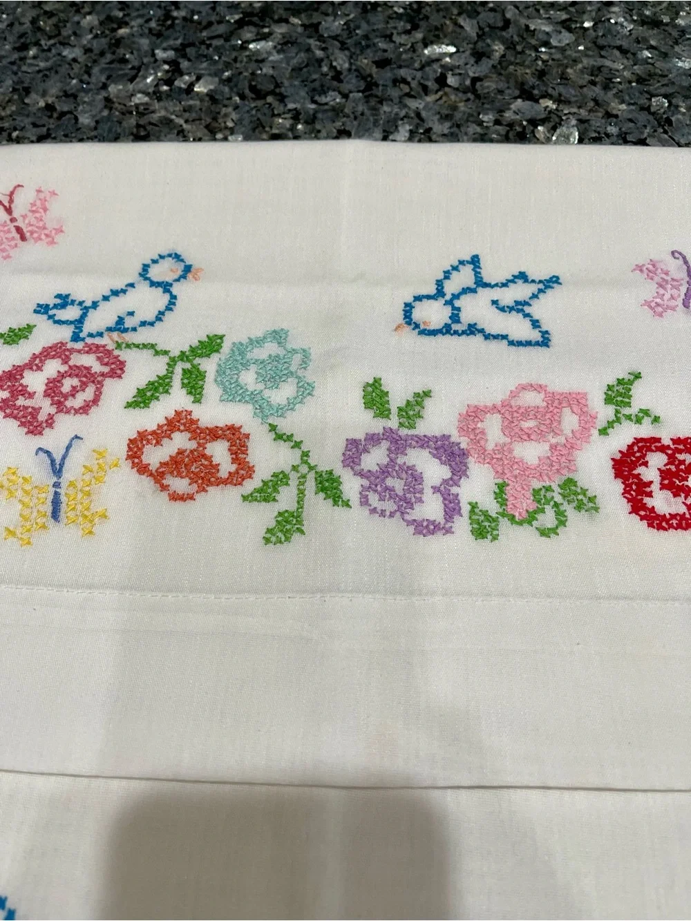Handmade Needlepoint Floral Bluebird Butterfly Standard Pillowcase Pair